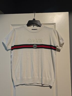 GG Inspired White Crewneck Sweater with Signature Green-Red Stripes